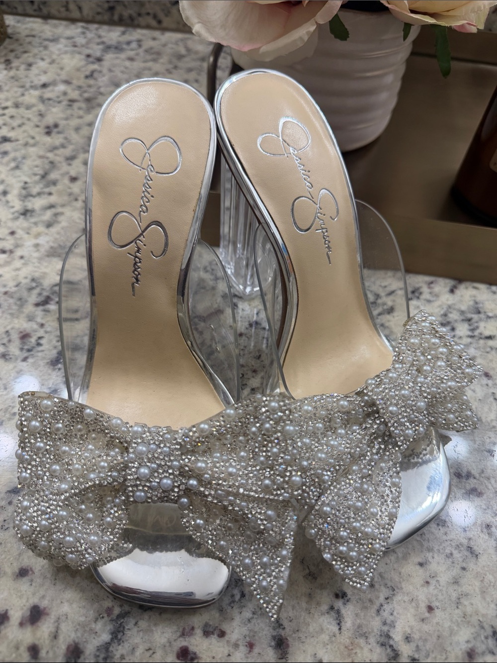 Jessica Simpson Silver Pearl Bow Heels